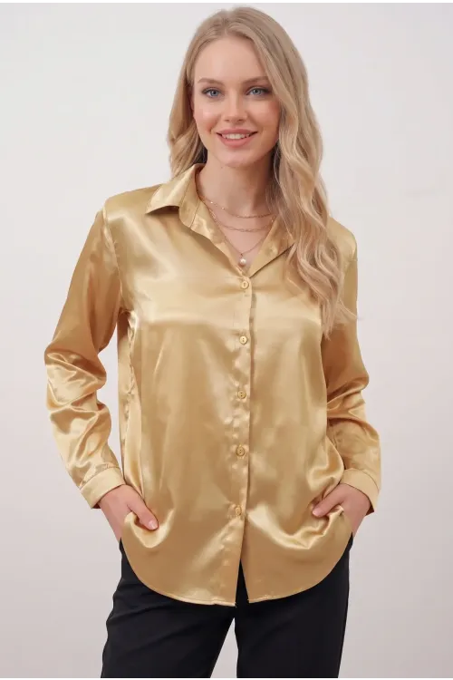 Kadın Gold Hafif Dökümlü Saten Yüzeyli Gömlek HZL22W-BD139641