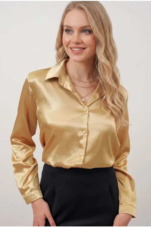Kadın Gold Hafif Dökümlü Saten Yüzeyli Gömlek HZL22W-BD139641