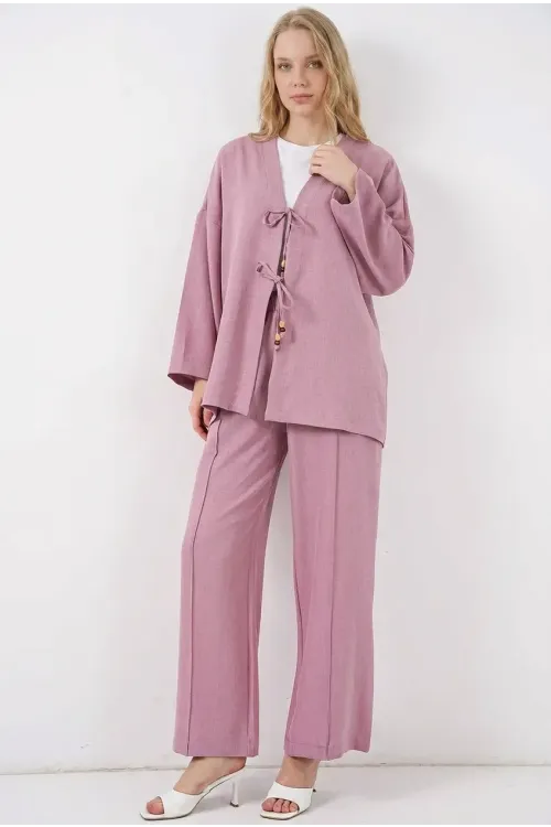 Kadın Gül Kurusu Keten Bağlama Detaylı Kimono Pantolon İkili Takım HZL26S-BD167271