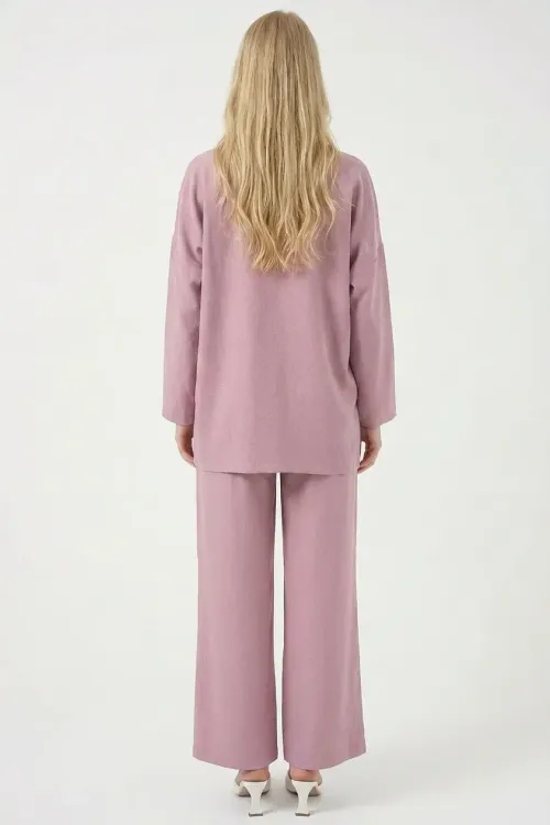 Kadın Gül Kurusu Keten Bağlama Detaylı Kimono Pantolon İkili Takım HZL26S-BD167271