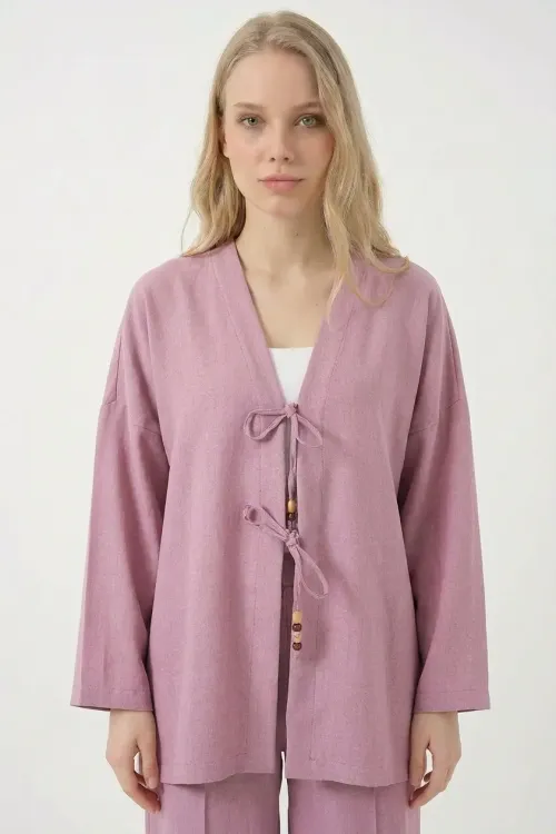 Kadın Gül Kurusu Keten Bağlama Detaylı Kimono Pantolon İkili Takım HZL26S-BD167271