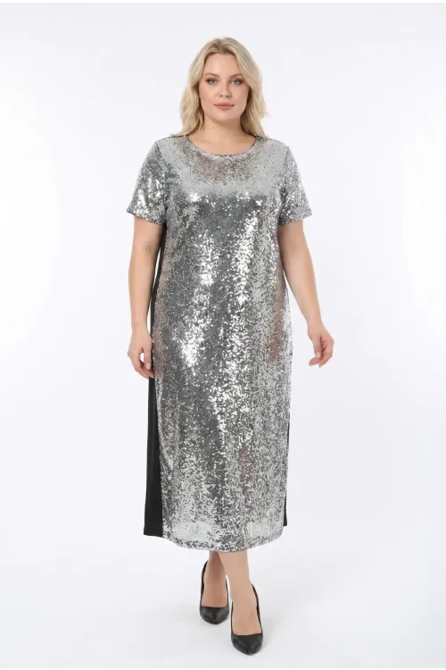 Kadın Gümüş Büyük Beden Payetli Uzun Abiye Elbise Şık Elbise HZL26S-PR11111