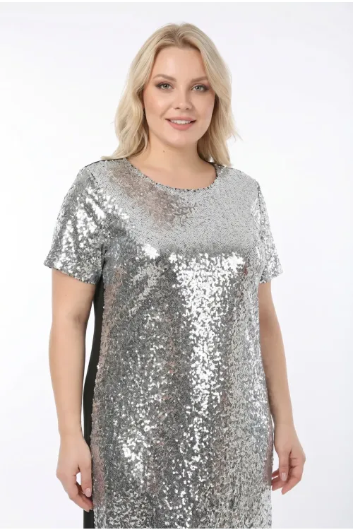 Kadın Gümüş Büyük Beden Payetli Uzun Abiye Elbise Şık Elbise HZL26S-PR11111