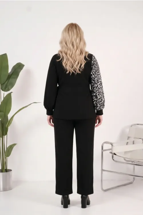 Kadın Gümüş Siyah Büyük Beden Payet Detaylı Pantolon Bluz Abiye Takım HZL26W-PR10011