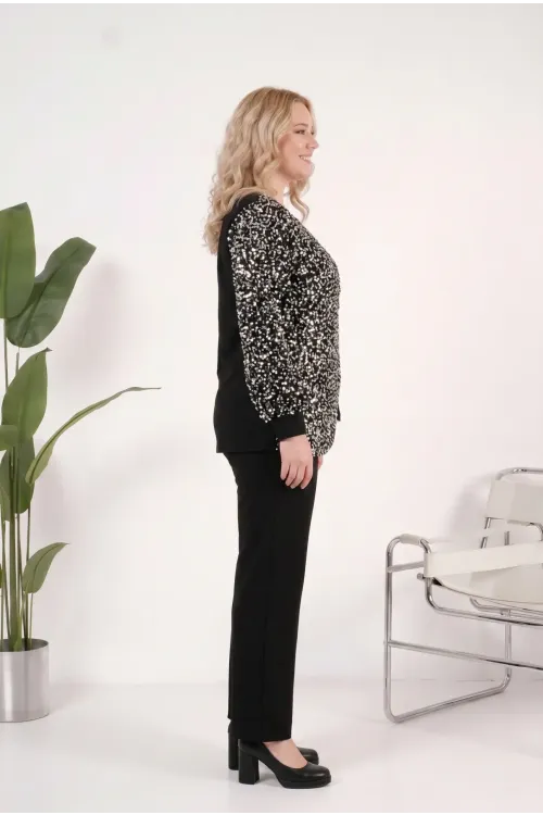 Kadın Gümüş Siyah Büyük Beden Payet Detaylı Pantolon Bluz Abiye Takım HZL26W-PR10011
