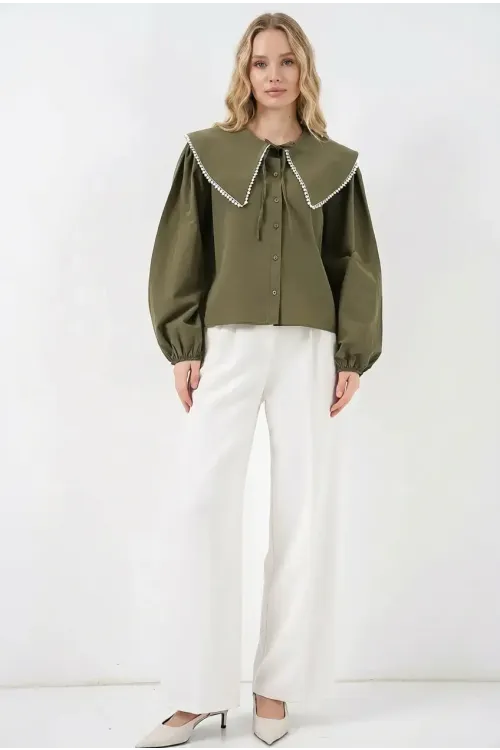 Kadın Haki Bebe Yaka Düğmeli Şık Günlük Gömlek HZL26S-BD1203141
