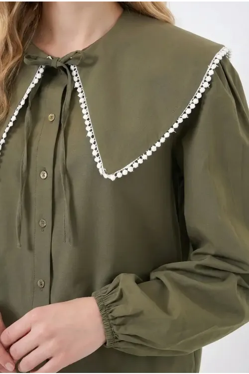 Kadın Haki Bebe Yaka Düğmeli Şık Günlük Gömlek HZL26S-BD1203141