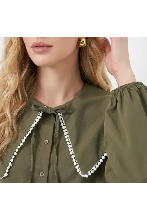Kadın Haki Bebe Yaka Düğmeli Şık Günlük Gömlek HZL26S-BD1203141