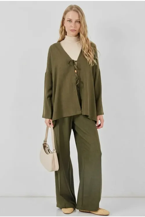 Kadın Haki Keten Bağlama Detaylı Kimono Pantolon İkili Takım HZL26S-BD167271