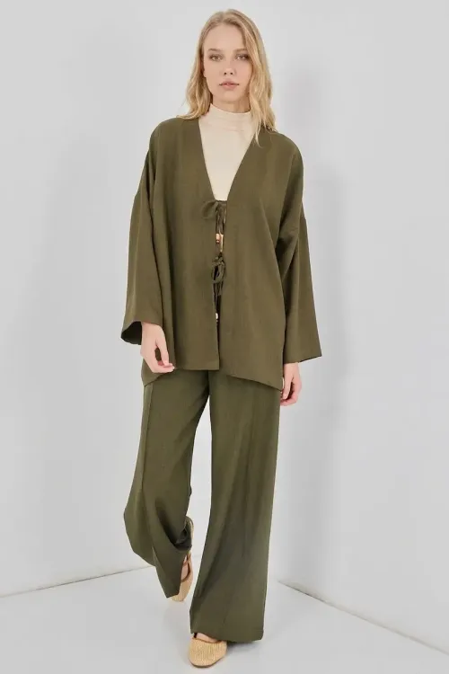 Kadın Haki Keten Bağlama Detaylı Kimono Pantolon İkili Takım HZL26S-BD167271