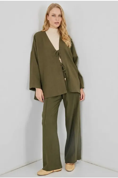 Kadın Haki Keten Bağlama Detaylı Kimono Pantolon İkili Takım HZL26S-BD167271