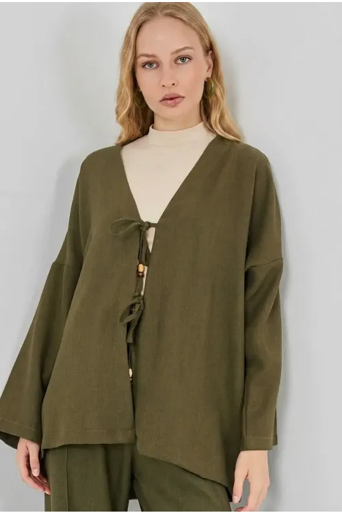 Kadın Haki Keten Bağlama Detaylı Kimono Pantolon İkili Takım HZL26S-BD167271