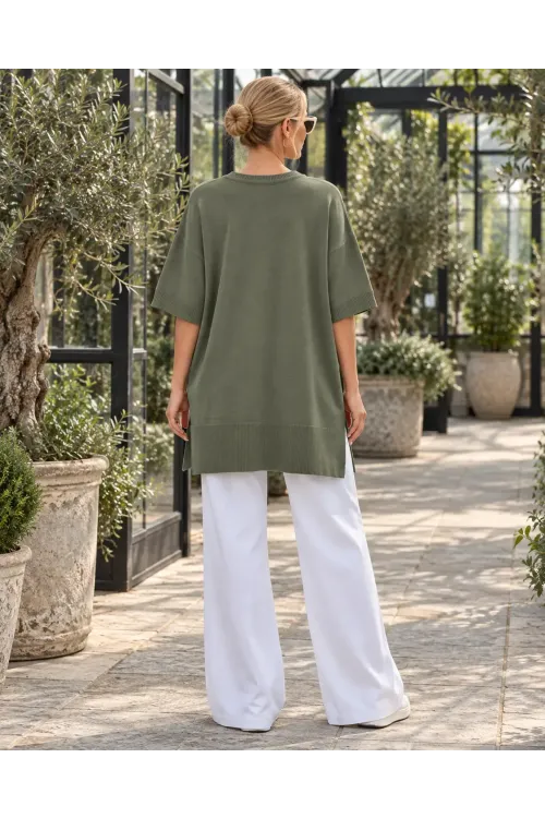 Kadın Haki Oversize Yandan Yırtmaçlı Uzun Yumuşak Dokulu Triko Kazak HZL28W-WM3390