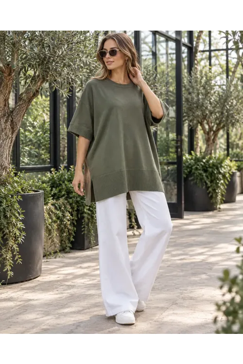 Kadın Haki Oversize Yandan Yırtmaçlı Uzun Yumuşak Dokulu Triko Kazak HZL28W-WM3390