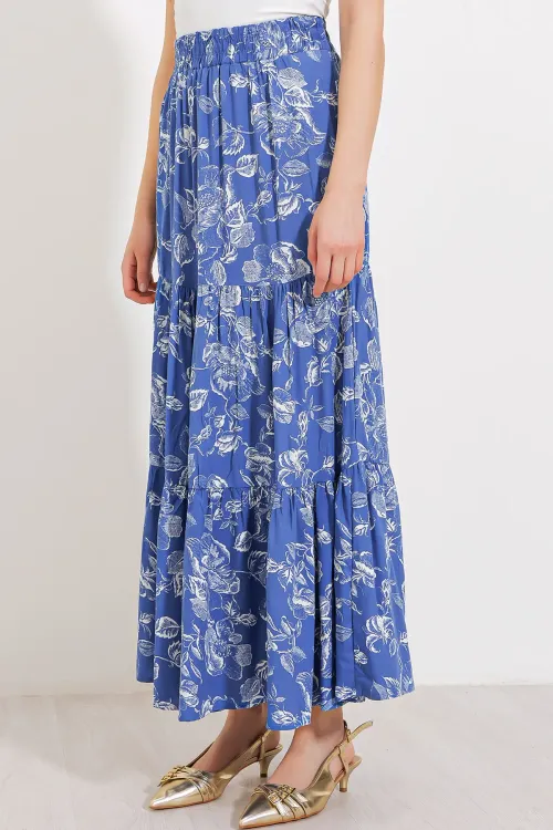 Kadın İndigo Desenli Uzun Viskon Etek 1898