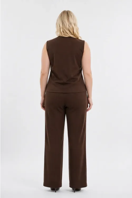 Kadın Kahverengi Büyük Beden V Yaka Yelek Pantolon İkili Takım HZL26S-PR12131