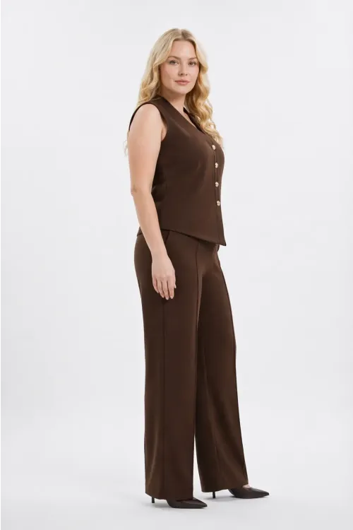 Kadın Kahverengi Büyük Beden V Yaka Yelek Pantolon İkili Takım HZL26S-PR12131