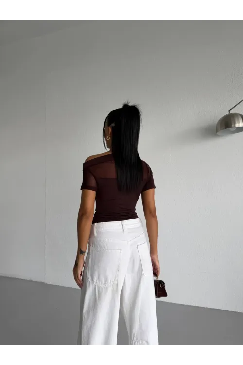 Kadın Kahverengi Tek Omuz Transparan Tül Detaylı Şık Sandy Bluz HZL26S-FRY123871