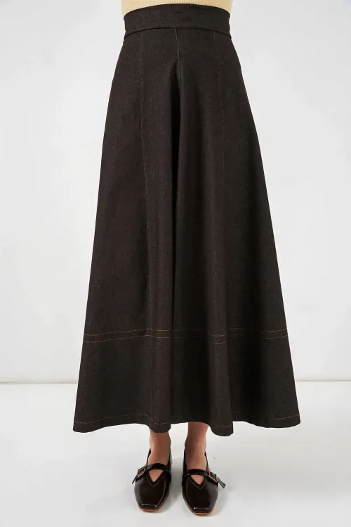 Kadın Kahverengi Yüksel Bel Uzun Jean Etek HZL26W-BD180661