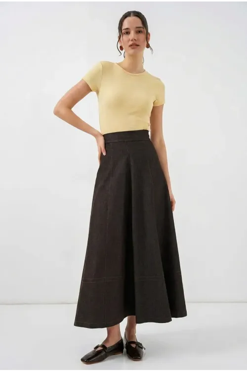 Kadın Kahverengi Yüksel Bel Uzun Jean Etek HZL26W-BD180661