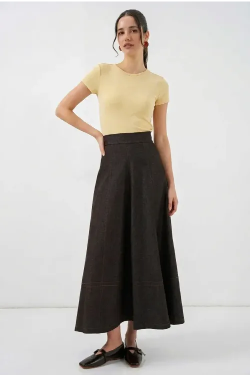 Kadın Kahverengi Yüksel Bel Uzun Jean Etek HZL26W-BD180661