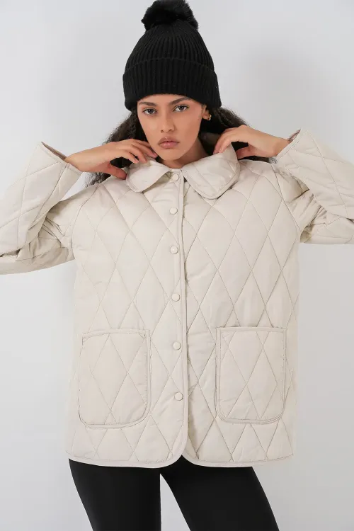Kadın Kapitone Oversize Mont 5226 - Ekru