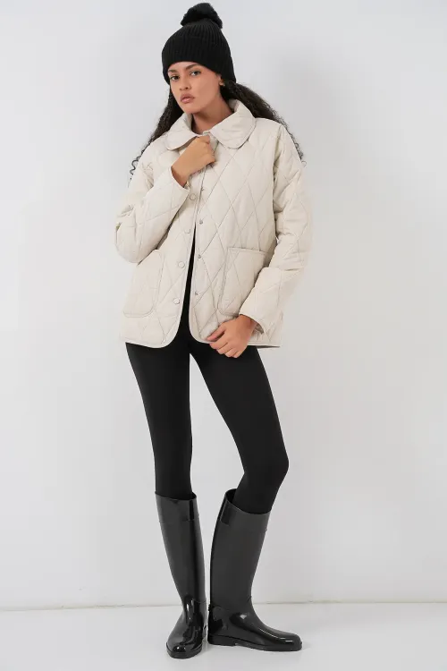 Kadın Kapitone Oversize Mont 5226 - Ekru