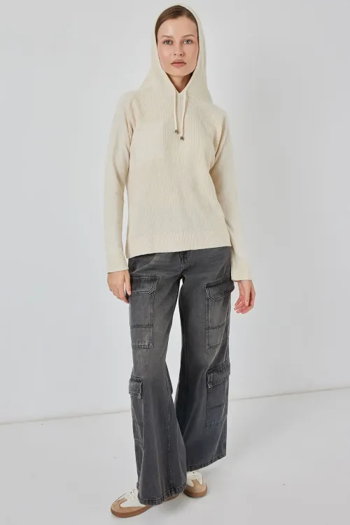 Kadın Kapüşonlu Triko Kazak 15941 - Ekru