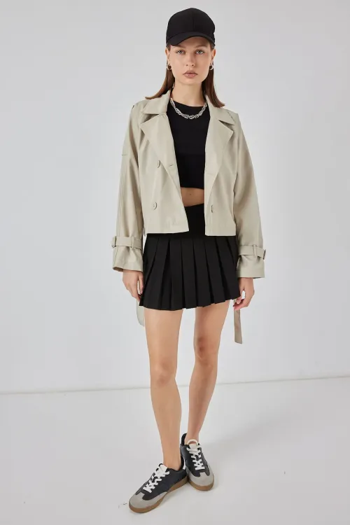 Kadın Kemerli Kısa Trençkot 5970 - Taş