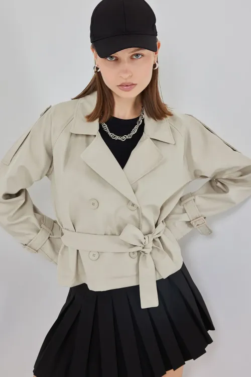 Kadın Kemerli Kısa Trençkot 5970 - Taş