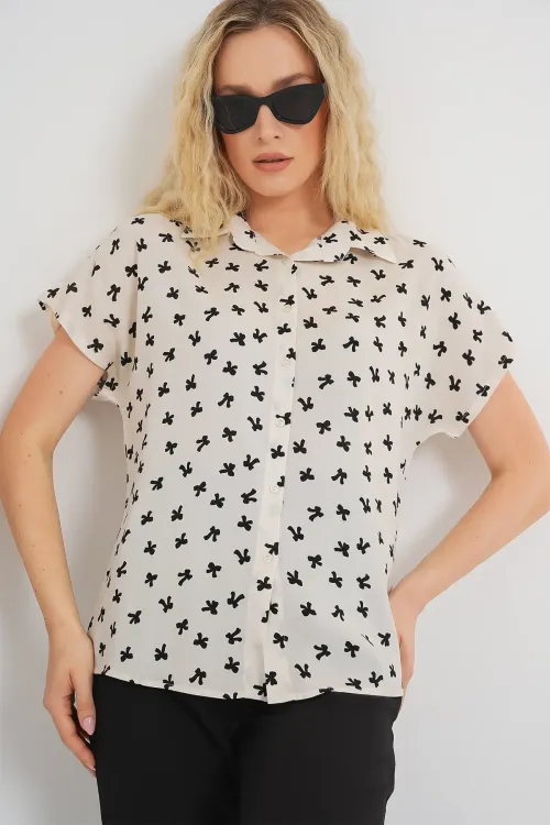 Kadın Kısa Kol Desenli Gömlek 20310 - Krem