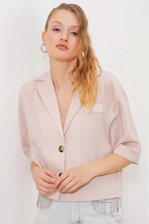 Kadın Krem Çift Düğmeli Oversize Crop Keten Ceket 0706