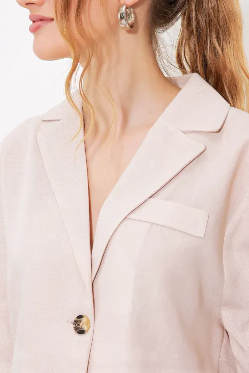 Kadın Krem Çift Düğmeli Oversize Crop Keten Ceket 0706