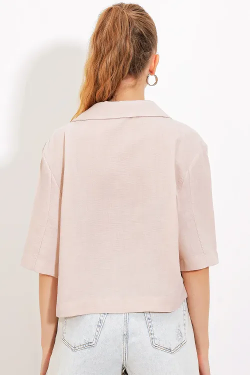 Kadın Krem Çift Düğmeli Oversize Crop Keten Ceket 0706