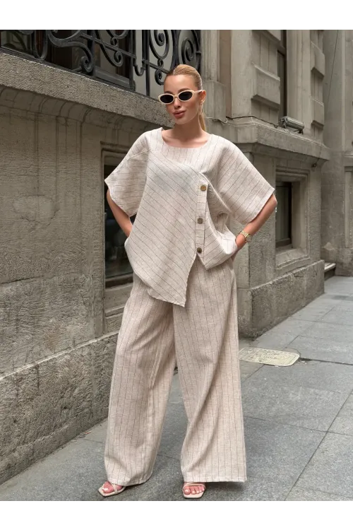 Kadın Krem Çizgili Düğme Detaylı Bluz Pantolon Keten İkili Takım HZL26S-VL14271