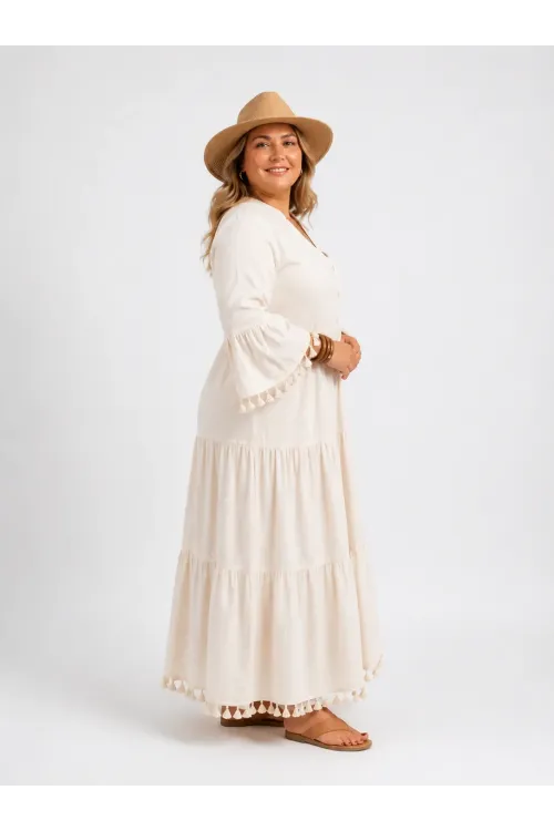 Kadın Krem Büyük Beden Keten Püskül Detaylı Maxi Boy Yazlık Elbise HZL26S-VL15061