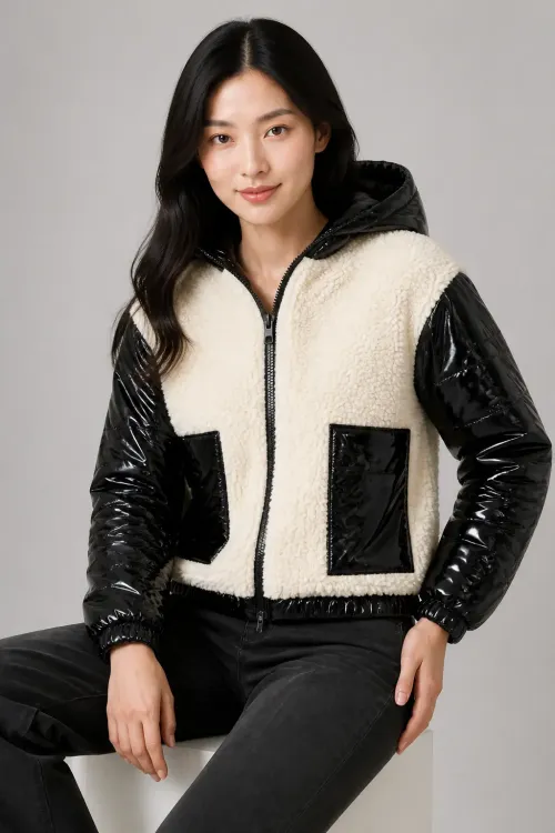 Kadın Krem Siyah Rugan  İçi Astarlı Beli Lastikli Kapüşonlu Crop Peluş Mont HZL24W-BRC144441