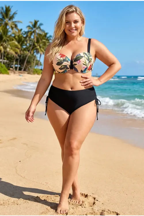 Kadın Krem Siyah Yaprak Desen Büyük Beden Bikini Takım HZL26S-LC3332