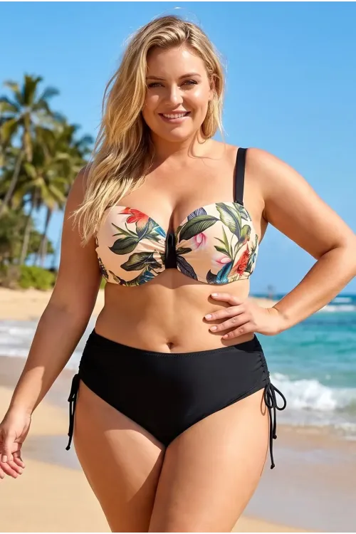 Kadın Krem Siyah Yaprak Desen Büyük Beden Bikini Takım HZL26S-LC3332