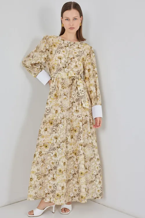 Kadın Kuşaklı Uzun Elbise 2584 - B.Sarı