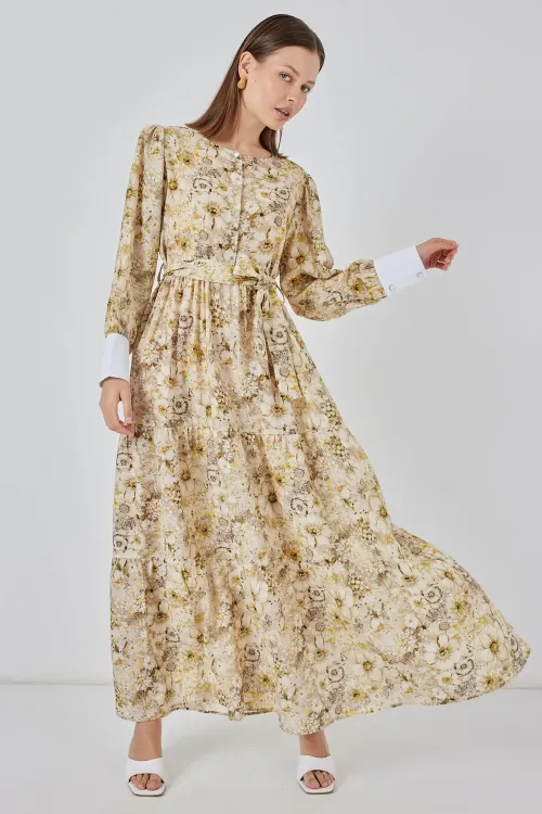 Kadın Kuşaklı Uzun Elbise 2584 - B.Sarı