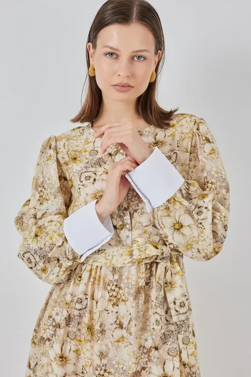 Kadın Kuşaklı Uzun Elbise 2584 - B.Sarı