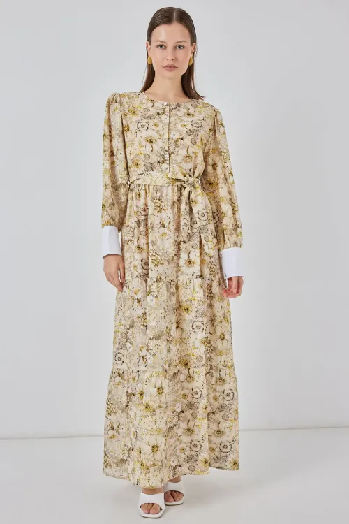 Kadın Kuşaklı Uzun Elbise 2584 - B.Sarı