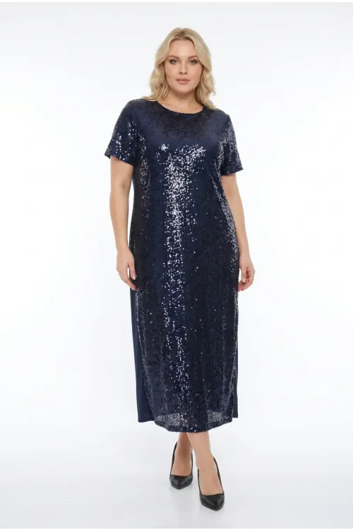 Kadın Lacivert Büyük Beden Payetli Uzun Abiye Elbise Şık Elbise HZL26S-PR11111