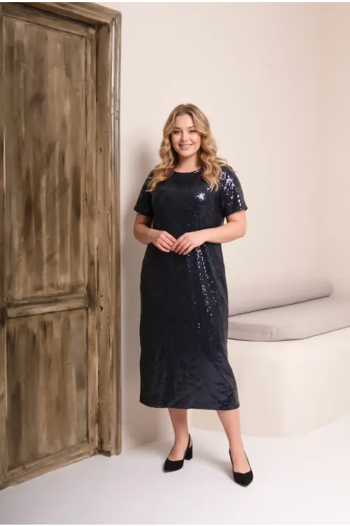Kadın Lacivert Büyük Beden Payetli Uzun Abiye Elbise Şık Elbise HZL26S-PR11111