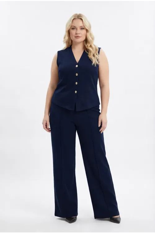 Kadın Lacivert Büyük Beden V Yaka Yelek Pantolon İkili Takım HZL26S-PR12131