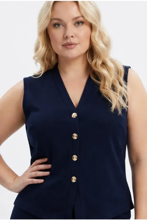 Kadın Lacivert Büyük Beden V Yaka Yelek Pantolon İkili Takım HZL26S-PR12131