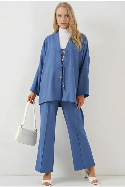Kadın Lacivert Keten Bağlama Detaylı Kimono Pantolon İkili Takım HZL26S-BD167271