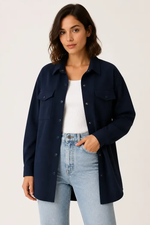 Kadın Lacivert Oversize Çıt Çıt Düğmeli Cep Detaylı Gömlek Ceket HZL23W-BD1201941
