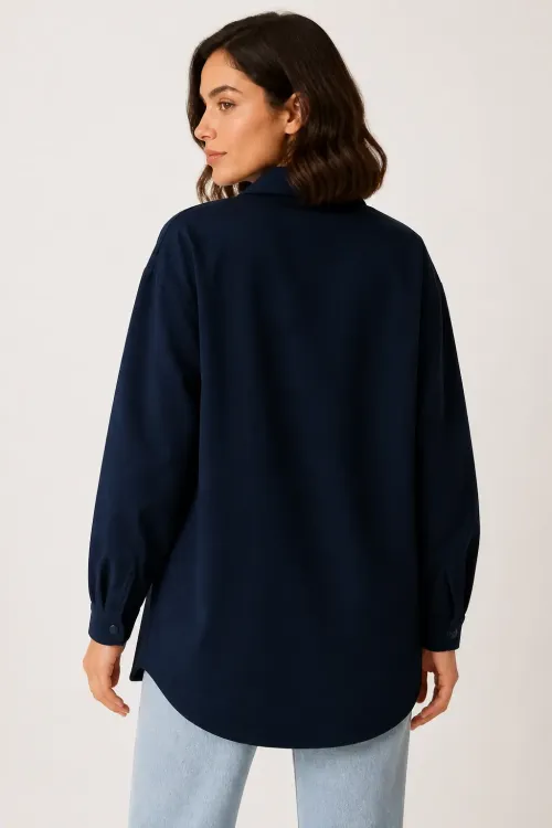 Kadın Lacivert Oversize Çıt Çıt Düğmeli Cep Detaylı Gömlek Ceket HZL23W-BD1201941
